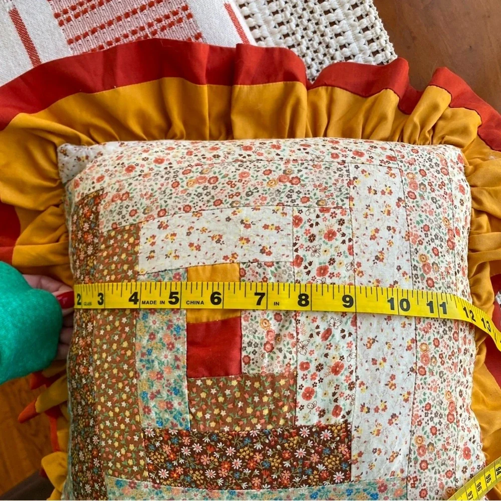 Antique Log Cabin Quilt Pillow Floral Back Terracotta Gold Applecore Aesthetic